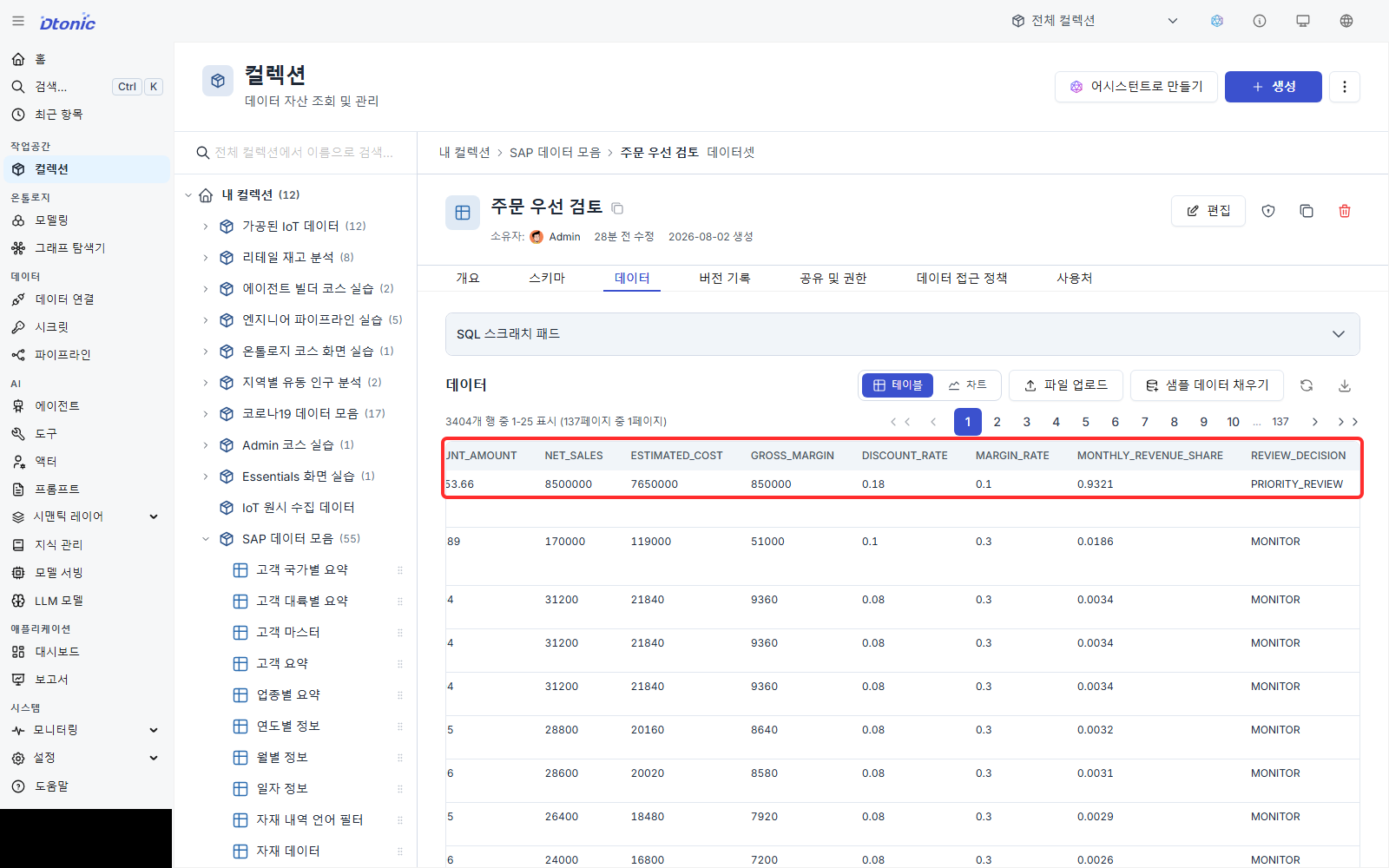 첫 행에 할인율 0.18, 마진율 0.1, 월 매출 비중 0.9321과 PRIORITY_REVIEW가 표시된 데이터셋